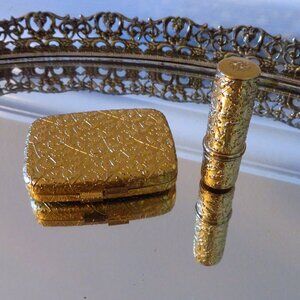 Vintage 1960s Revlon Geometric gold makeup handbag “Love Pat” plus lipstic